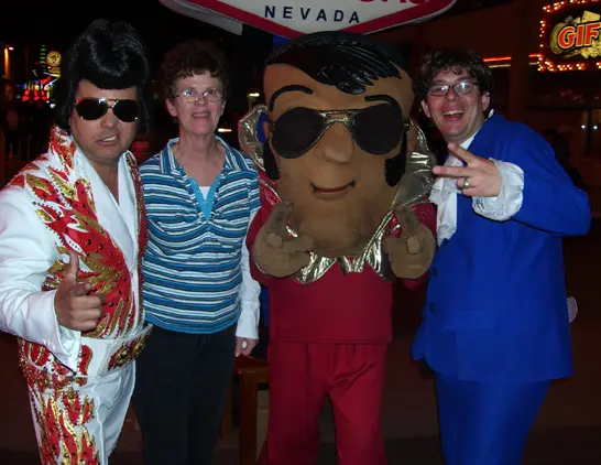 Sharon with Elvis, Elvis, and Austin Powers